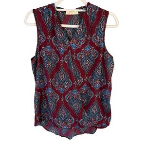 Pink Rose Paisley Sleeveless Blouse - Red and Blue Size M Boho Festival Y2K